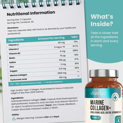 Marine Collagen Capsules 1000mg - 120 Capsules - 9 Powerful Skin Supporting Nutrients VitaBrightBuy Supplements Australia