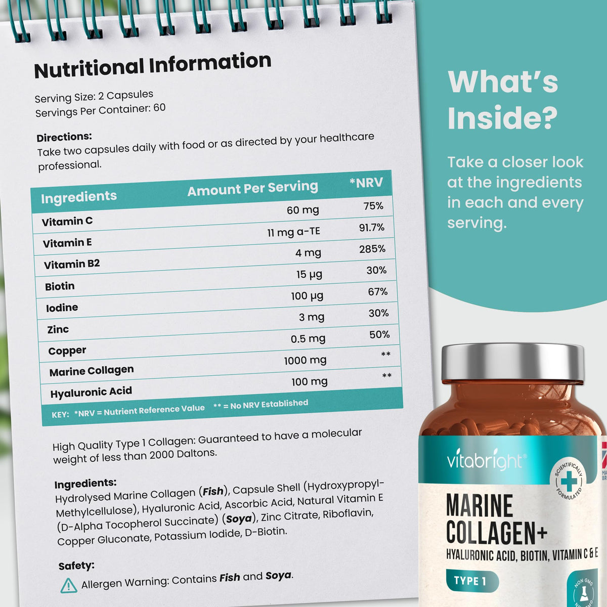 Marine Collagen Capsules 1000mg - 120 Capsules - 9 Powerful Skin Supporting Nutrients VitaBrightBuy Supplements Australia