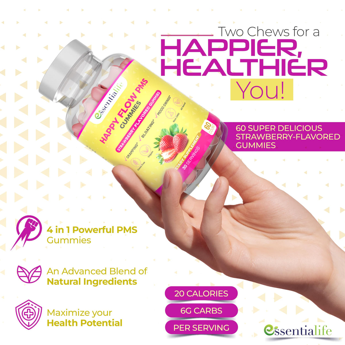 PMS Gummies - Happy Flow PMS Support Supplement for Women - Strawberry PMS Relief Supplement with Vitamin B6 for Hormone Balance, Period Support, Cramps, Hormonal Acne & Bloating Relief (60 Count) EssentialifeBuy Supplements Australia