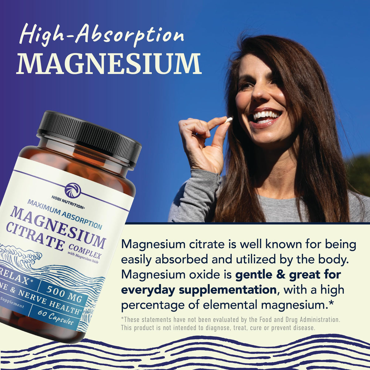 Magnesium Citrate Complex 500 MG for Calm & Relaxation | High Absorption Magnesium Supplement | Citrato de Magnesio | Constipation & Digestion Support Non-GMO Soy-Free | 60 Mag Citrate Capsules Nobi NutritionBuy Supplements Australia
