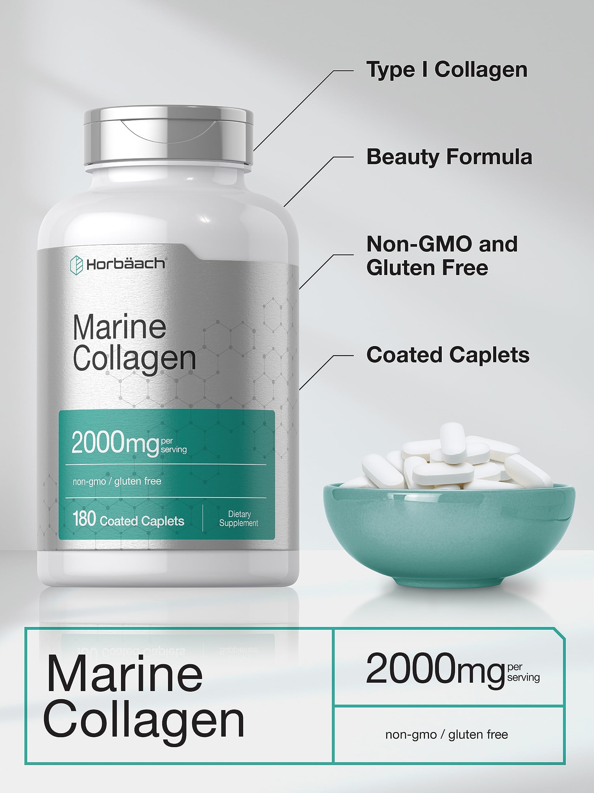 Horbäach Marine Collagen Peptides 2000mg | 180 Caplet Capsules | Type 1 with Calcium | Non-GMO, Gluten Free Supplement Horbäach buy supplements Au