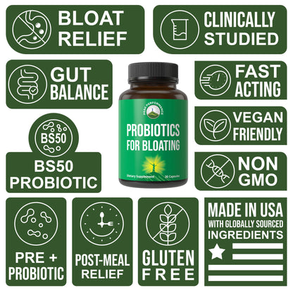 Bloat and Gas Probiotic - Proven Relief with Clinically Studied Bacillus Subtilis BS50 + Prebiotic Fiber - Fast Acting Anti Bloating Pills Supplement