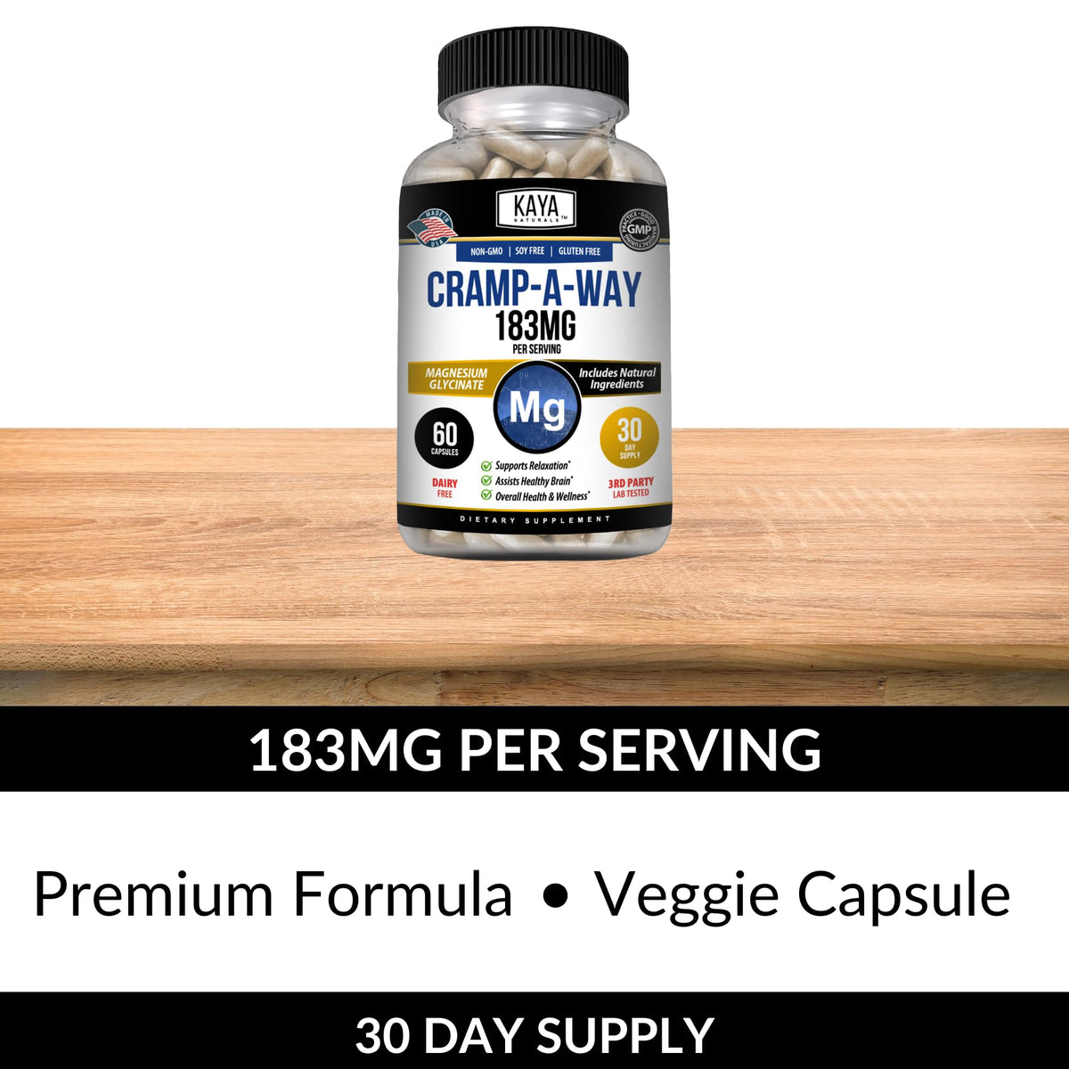 Kaya Naturals Cramp-A-Way Magnesium Glycinate 183mg (60 Count (Pack of 1) Kaya NaturalsBuy Supplements Australia