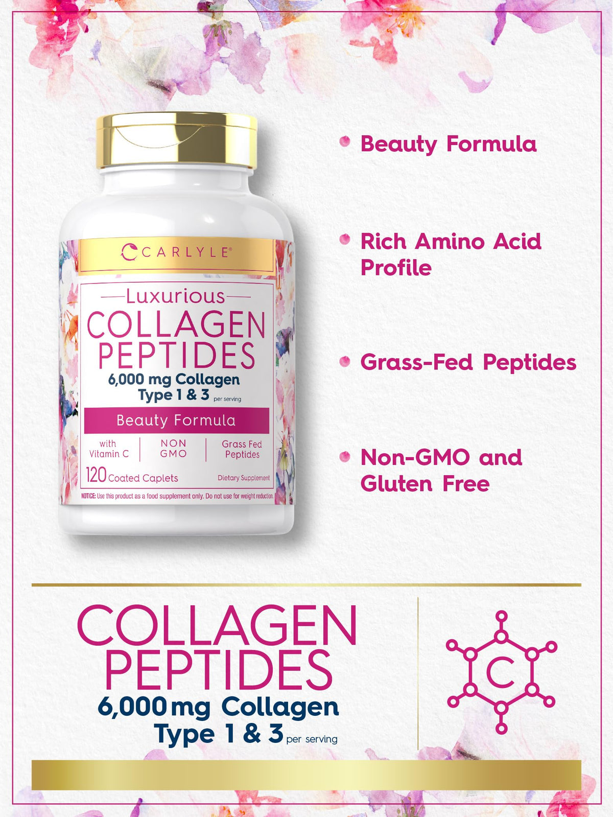 Carlyle Collagen with Vitamin C | 6000mg | 120 Caplets | Multi Collagen Peptide Pills CarlyleBuy Supplements Australia