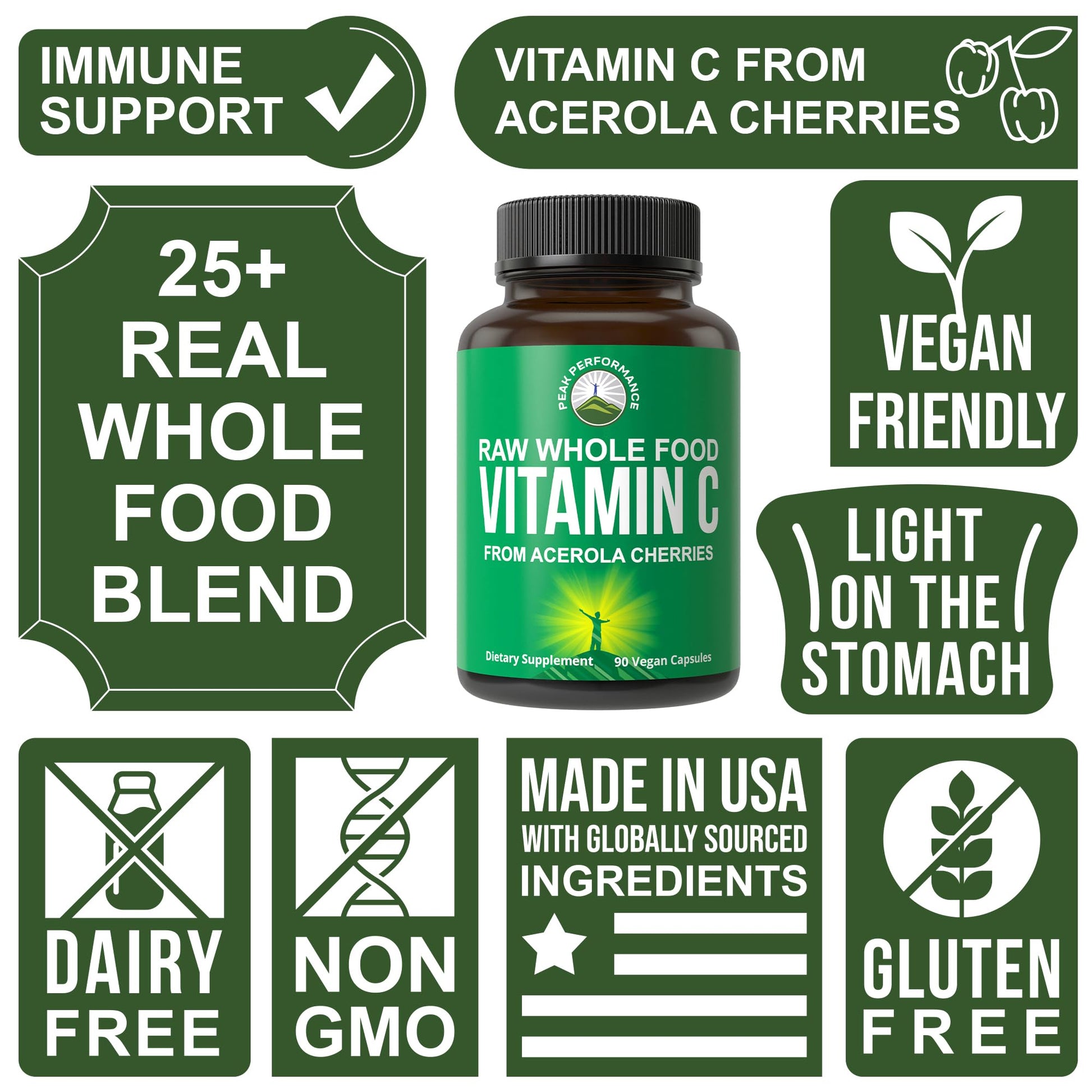 Peak Performance Raw Whole Food Natural Vitamin C Capsules from Acerola Cherry for Max Absorption. Vegan USA Sourced Vitamin C Supplement 90 Pills. 500 mg Serving or 2 Servings 1000mg Peak PerformanceBuy Supplements Australia