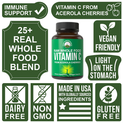 Peak Performance Raw Whole Food Natural Vitamin C Capsules from Acerola Cherry for Max Absorption. Vegan USA Sourced Vitamin C Supplement 90 Pills. 500 mg Serving or 2 Servings 1000mg Peak PerformanceBuy Supplements Australia