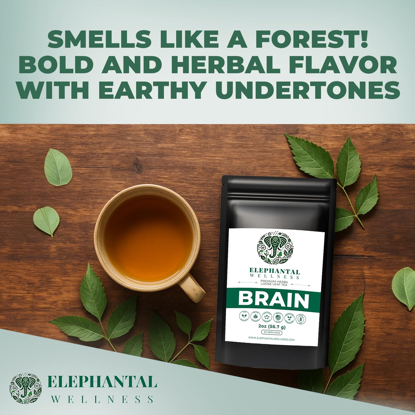 Elephantal Wellness Premium Brain Herbal Tea | Nootropic Focus & Mental Clarity with Ginkgo, Bacopa, Gotu Kola & Rosemary | Non-GMO, Caffeine-Free Coffee Alternative, Handmade Loose Leaf Blend, 2oz Loose Leaf, 20 Servings Elephantal WellnessBuy Supplements Australia