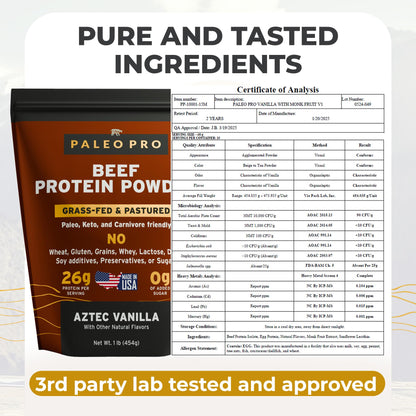 Paleo Pro 26G Beef Protein Powder - Grass Fed Protein Powder Isolate - Pure Animal Based Pastured & Cage-Free | Dairy & Gluten Free, Natural & Clean Proteins for Paleo & Keto - 15 Days Supply Vanilla
