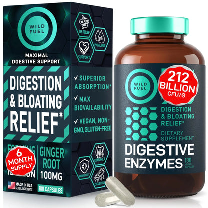 Digestive Enzymes for Women and Men with Probiotics and Prebiotics - Vegan Digestive Enzyme Blend - Bloating Support, Gut Health & Digestion Supplement with Artichoke Ginger Turmeric - 180 Capsules WILD FUELBuy Supplements Australia
