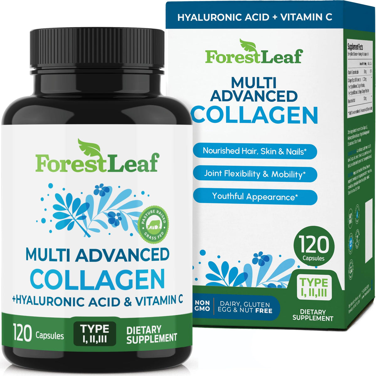 ForestLeaf Multi Collagen Pills with Hyaluronic Acid + Vitamin C | Hydrolyzed Collagen Supplements for Women or Men | Multi Collagen Capsules Peptides for Skin, Wrinkles, 120 Caps ForestLeafBuy Supplements Australia