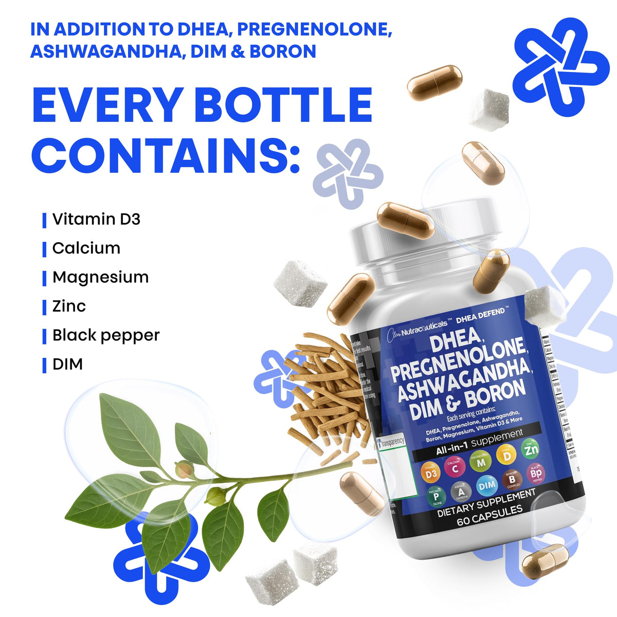 DHEA 200mg Supplement Pregnenolone 100mg for Men & Women with DIM Ashwagandha Boron 6mg Complex Calcium Magnesium Zinc 50mg Vitamin D3 5000 iu Hormone Support Capsules Pills - Made in USA 60 Ct Clean NutraceuticalsBuy Supplements Australia