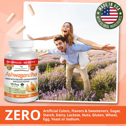 UDAF Certified Organic Ashwagandha with Black Pepper, 1965mg - Extra Strength for Stress, Sleep, Mood, Thyroid, Energy, Hair, Vegan Pure Root Extract Powder Supplement for Men and Women | 180 Capsules NATURE'S BRANCHBuy Supplements Australia