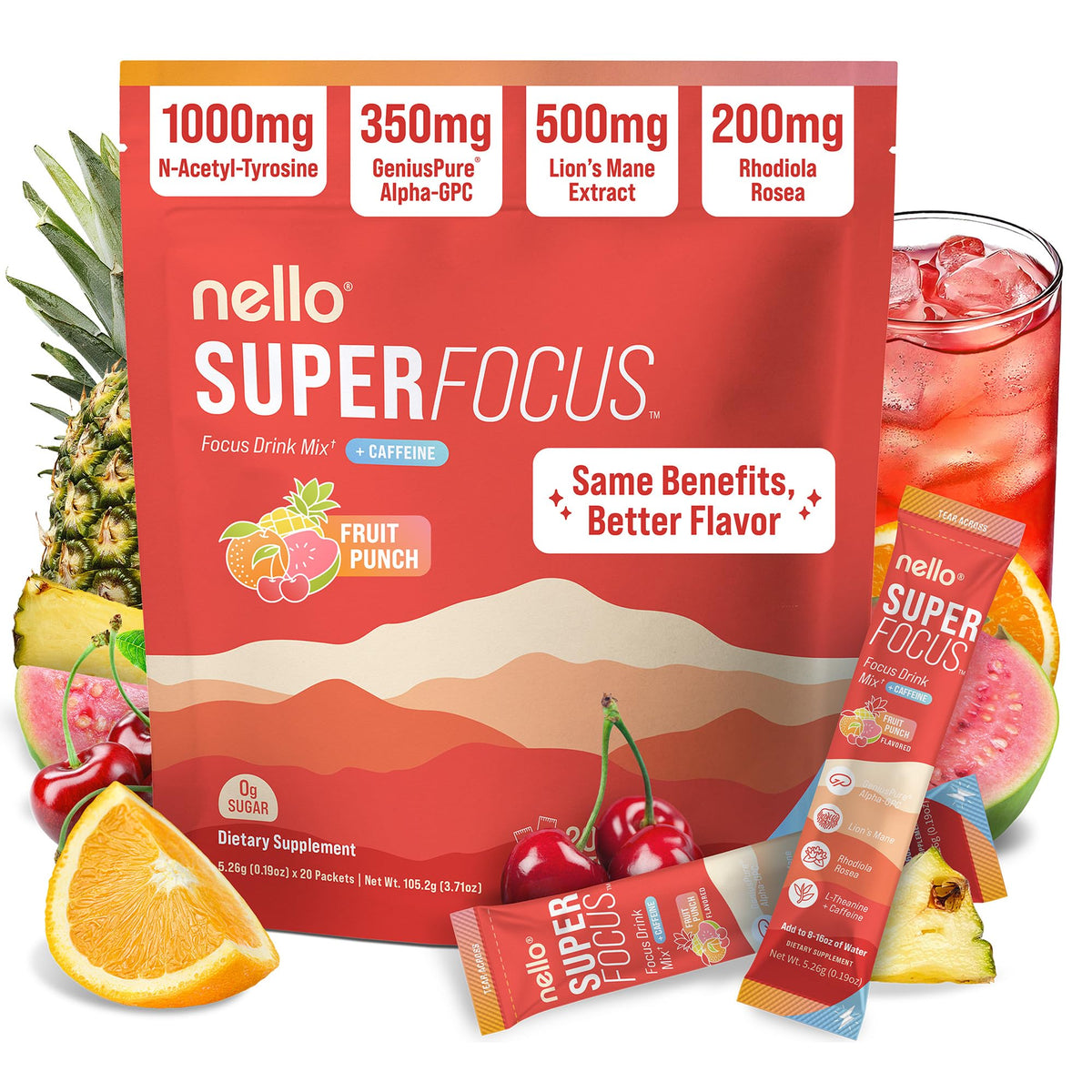Nello Superfocus – Nootropic Focus Drink Mix for Productivity, Caffeine, L-Theanine, Rhodiola Rosea, Alpha-GPC, Lion’s Mane, Tyrosine, Sugar-Free Packets - With Caffeine (Pack of 20) (20 Servings (Caffeine), Fruit Punch) NelloBuy Supplements Australia