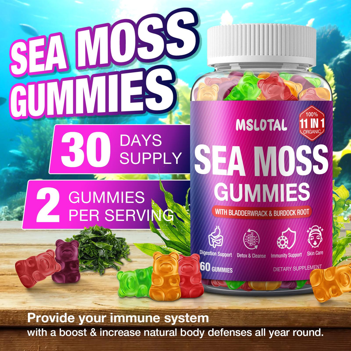 MSLOTAL Irish Sea Moss Gummies with Ashwagandha Bladderwrack and Burdock Root - Natural Irish Seamoss Supplement for Thyroid, Energy, Immune Support - 60 Vegan Gummy MSLOTAL buy supplements Au