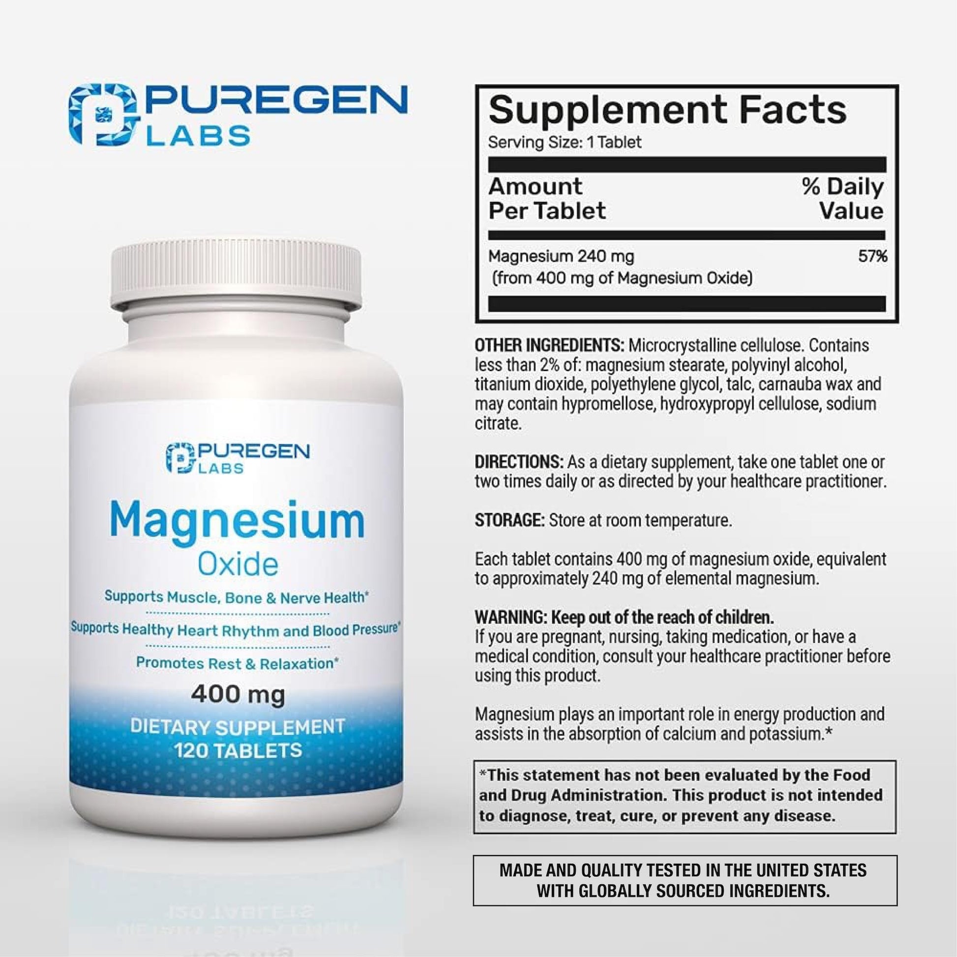 Magnesium 400mg [High Potency] Supplement – Magnesium Oxide for Immune Support, Muscle Recovery, Leg Cramps and Relaxation 120 Tablets P Puregen Labs canada supplements