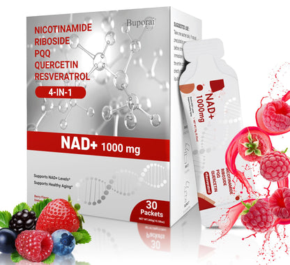 NAD+ supplement packaging with berries on a white background