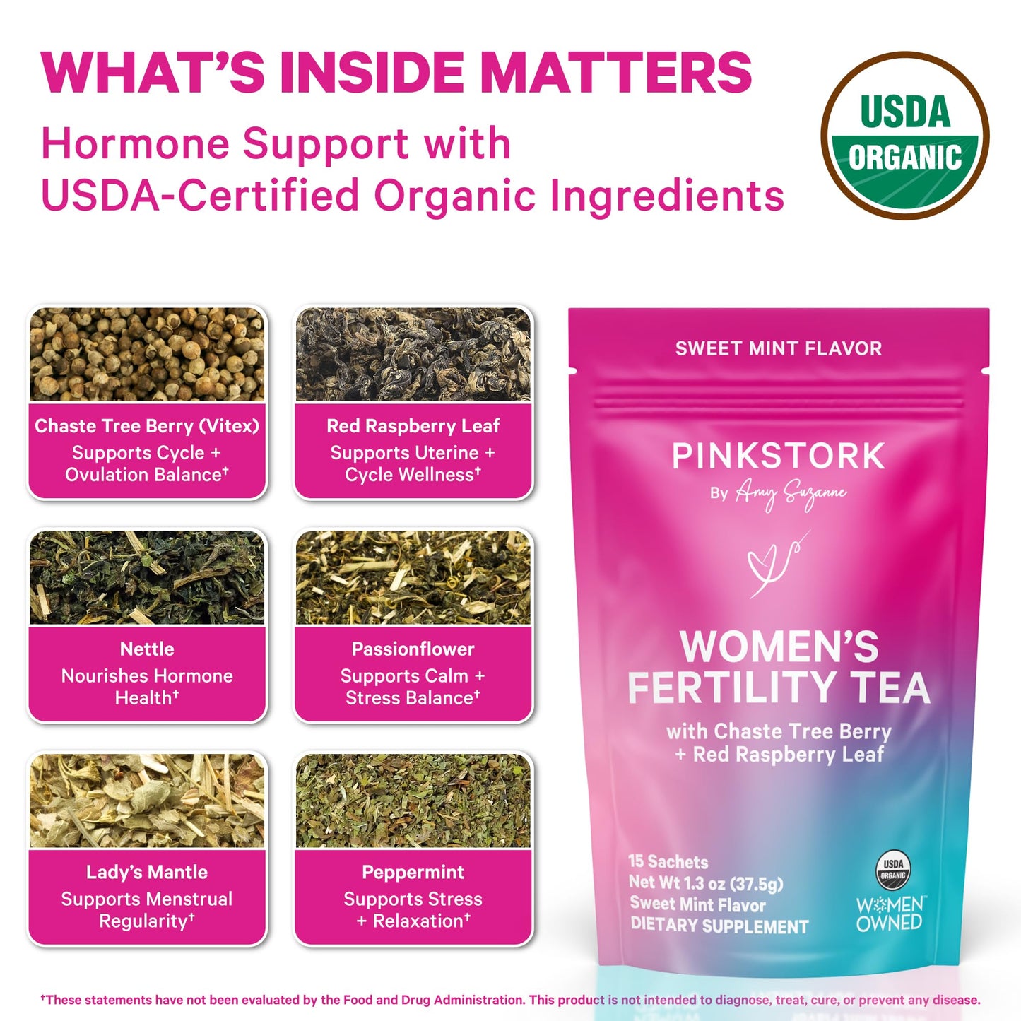 Pink Stork Organic Fertility Tea for Women | Fertility Supplements for Women with Chaste Tree Berry (Vitex) + Red Raspberry Leaf | Hormone Balance Herbal Tea for Conception Support | USDA Organic, Caffeine Free - Sweet Mint, 15 Sachets Pink StorkBuy Supplements Australia