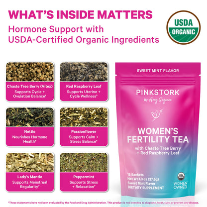 Pink Stork Organic Fertility Tea for Women | Fertility Supplements for Women with Chaste Tree Berry (Vitex) + Red Raspberry Leaf | Hormone Balance Herbal Tea for Conception Support | USDA Organic, Caffeine Free - Sweet Mint, 15 Sachets Pink StorkBuy Supplements Australia