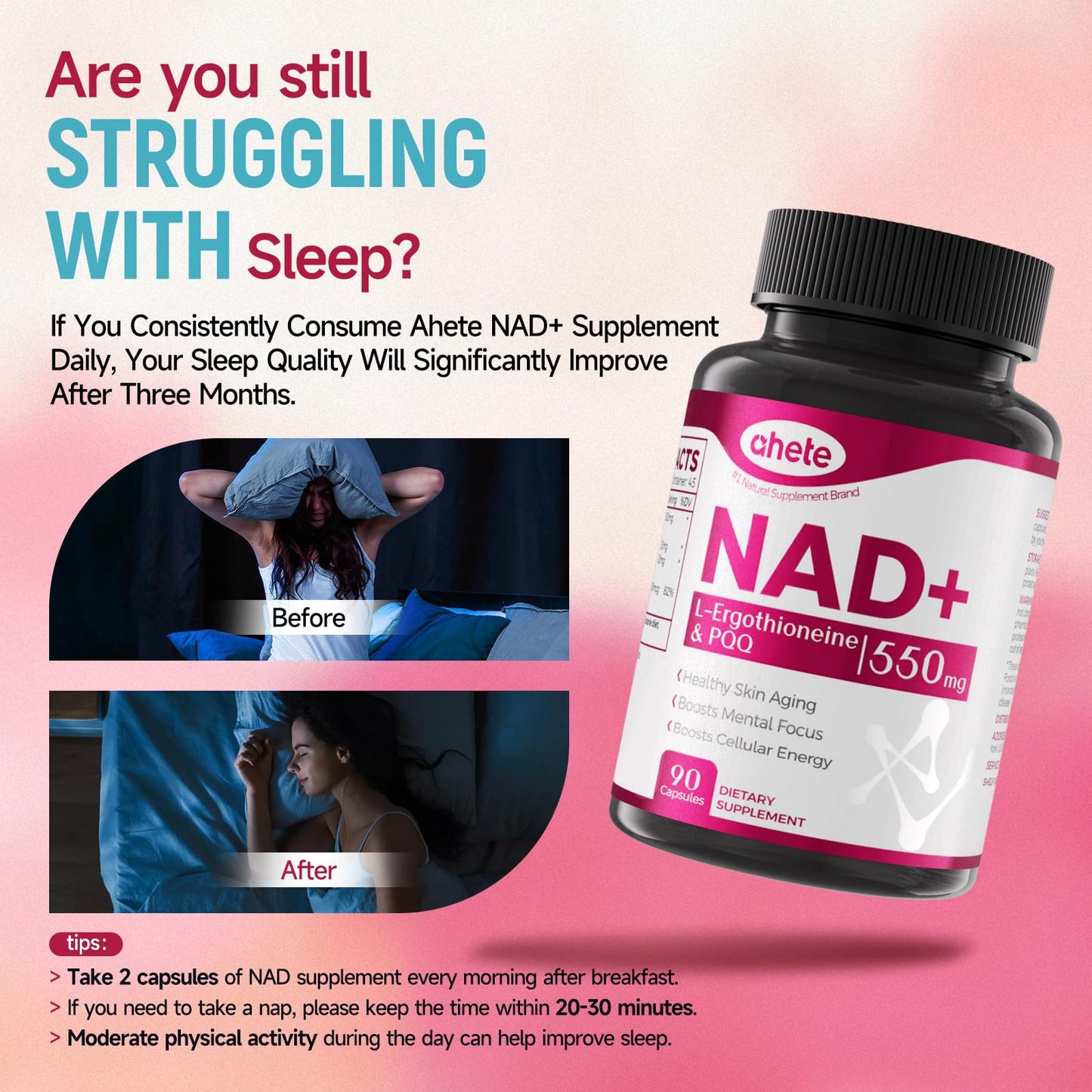 Ahete NAD Supplement with L-Ergothioneine, PQQ, Vitamin B6, and NMNH Supplement - for Cellular Health, Energy Support and Healthy Aging for Women & Men - Vegetarian, Non-GMO, Gluten Free- 90 Capsules AheteBuy Supplements Australia