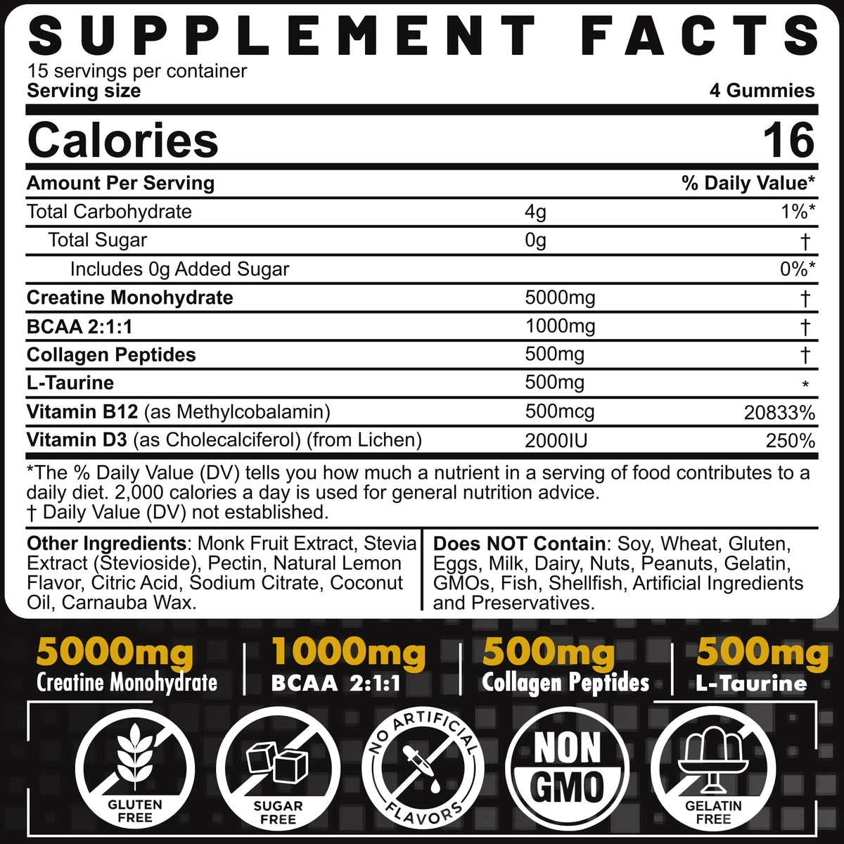 Creatine Monohydrate Gummies for Men & Women - with BCAA, Collagen Peptides, L-Taurine, Vitamin B12, D3, Chewables Creatine Monohydrate 5g Per Serving, Natural Lemon Flavor, Sugar Free, 2 Pack EnvyCureBuy Supplements Australia