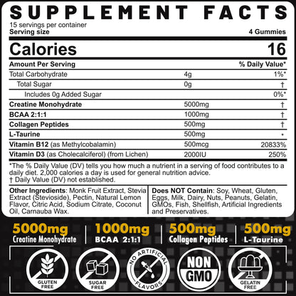 Creatine Monohydrate Gummies for Men & Women - with BCAA, Collagen Peptides, L-Taurine, Vitamin B12, D3, Chewables Creatine Monohydrate 5g Per Serving, Natural Lemon Flavor, Sugar Free, 2 Pack EnvyCureBuy Supplements Australia