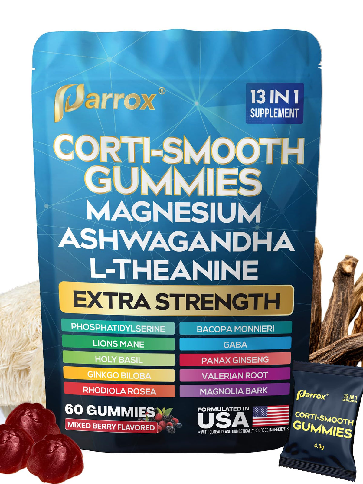 Parrox Corti-Smooth Cortisol Support Gummies with Magnesium, L-Theanine, Ashwagandha, Phosphatidylserine, Bacopa Monnieri, Lions Mane, Ginkgo Biloba, Valerian Root (60 Gummies - Mixed Berry Flavor) ParroxBuy Supplements Australia
