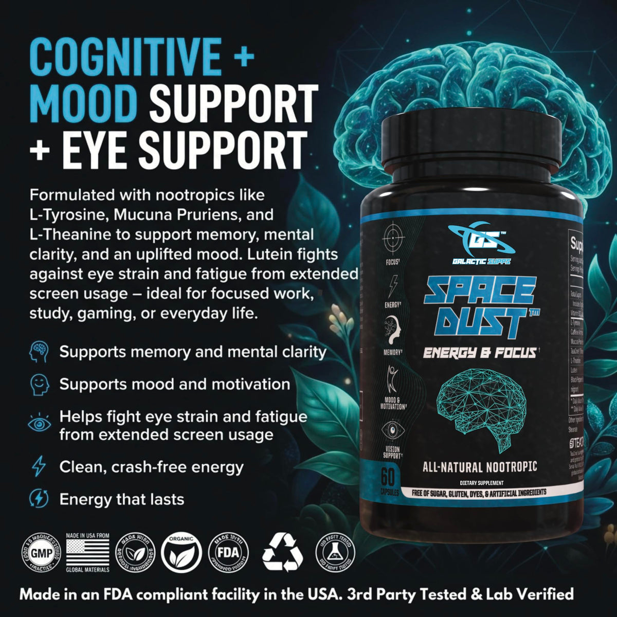 Space Dust Brain Supplements for Memory and Focus – Nootropic Focus Supplement for Brain Health & Mind Boost with TeaCrine, Caffeine, L-Tyrosine, L-Theanine – Cognitive Support Capsules, 60 Count GALACTIC SUPPSBuy Supplements Australia
