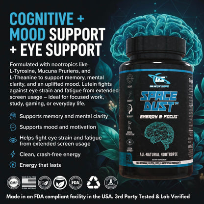 Space Dust Brain Supplements for Memory and Focus – Nootropic Focus Supplement for Brain Health & Mind Boost with TeaCrine, Caffeine, L-Tyrosine, L-Theanine – Cognitive Support Capsules, 60 Count GALACTIC SUPPSBuy Supplements Australia