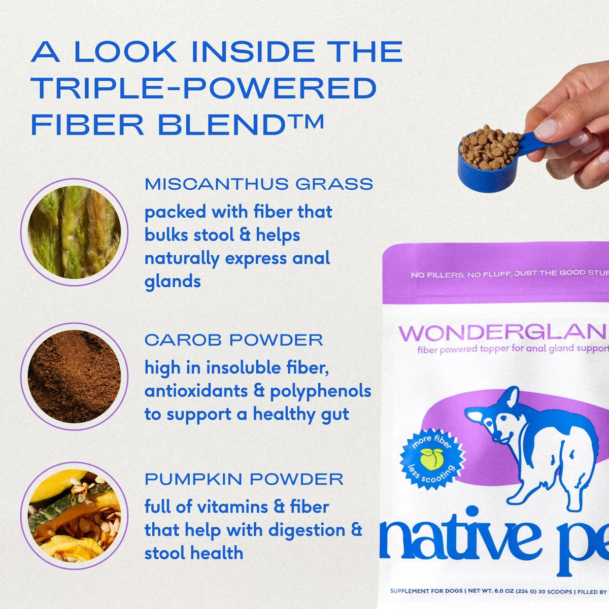 Native Pet WonderGland - Dog Anal Gland Supplement - Promotes Firm Stools, Natural Gland Expression to Help Reduce Scooting - Fiber Food Topper with Miscanthus Grass, Pumpkin & Probiotics - 30 Scoops Native PetBuy Supplements Australia
