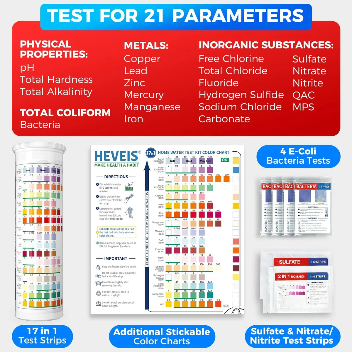 21-in-1 Home Drinking Water Testing Kit - 120 Strips + 4 Bacteria Tests - Tap and Well Water Test Kit, Easy to Test and Read for Hardness, Lead, Iron, Fluoride, pH, Copper, Bacteria and More HEVEISBuy Supplements Australia