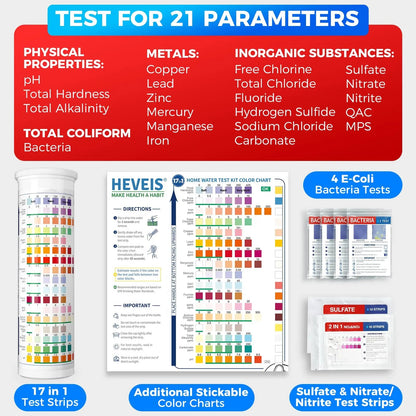21-in-1 Home Drinking Water Testing Kit - 120 Strips + 4 Bacteria Tests - Tap and Well Water Test Kit, Easy to Test and Read for Hardness, Lead, Iron, Fluoride, pH, Copper, Bacteria and More HEVEISBuy Supplements Australia