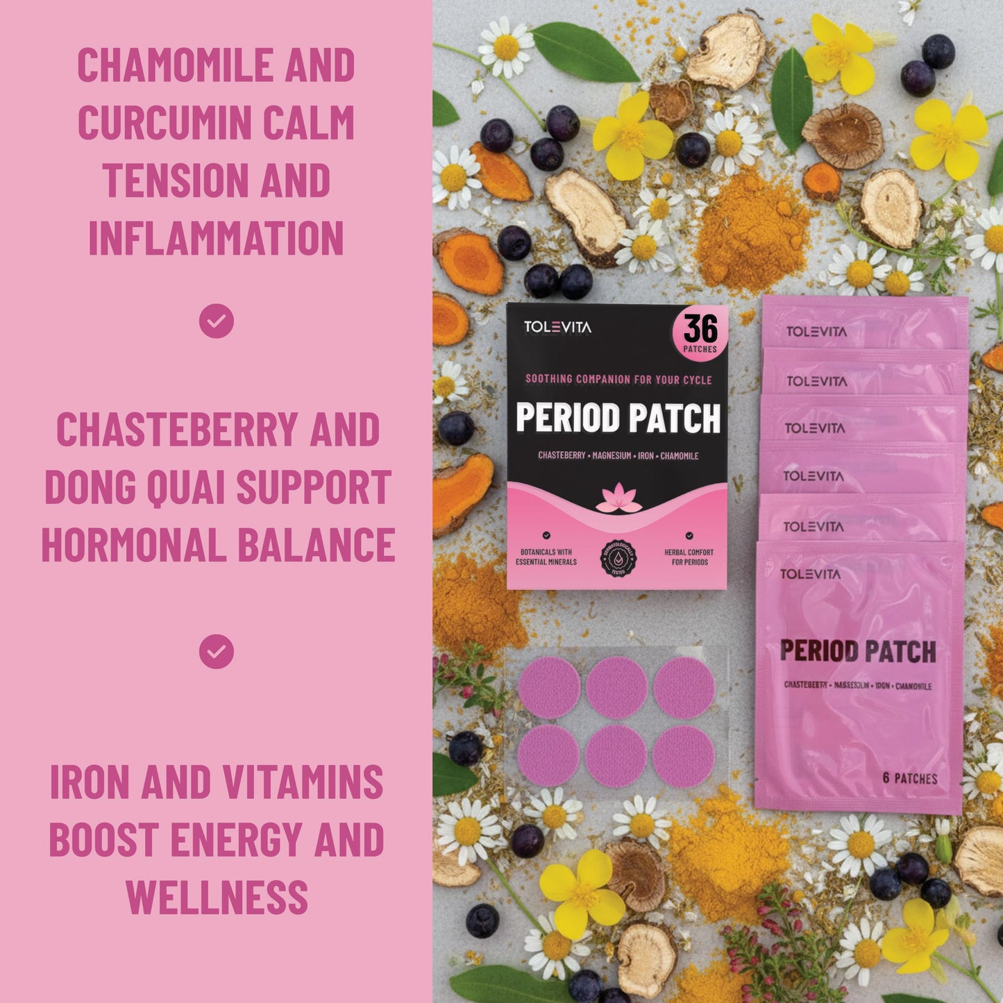 TOLEVITA Period Relief Patches 36 Pcs – Herbal Cramp Support with Chasteberry, Magnesium, Evening Primrose, Dong Quai, Curcumin, Vitamins B6 & E, Iron, Chamomile – Hormonal Balance & Menstrual Comfort TOLEVITABuy Supplements Australia