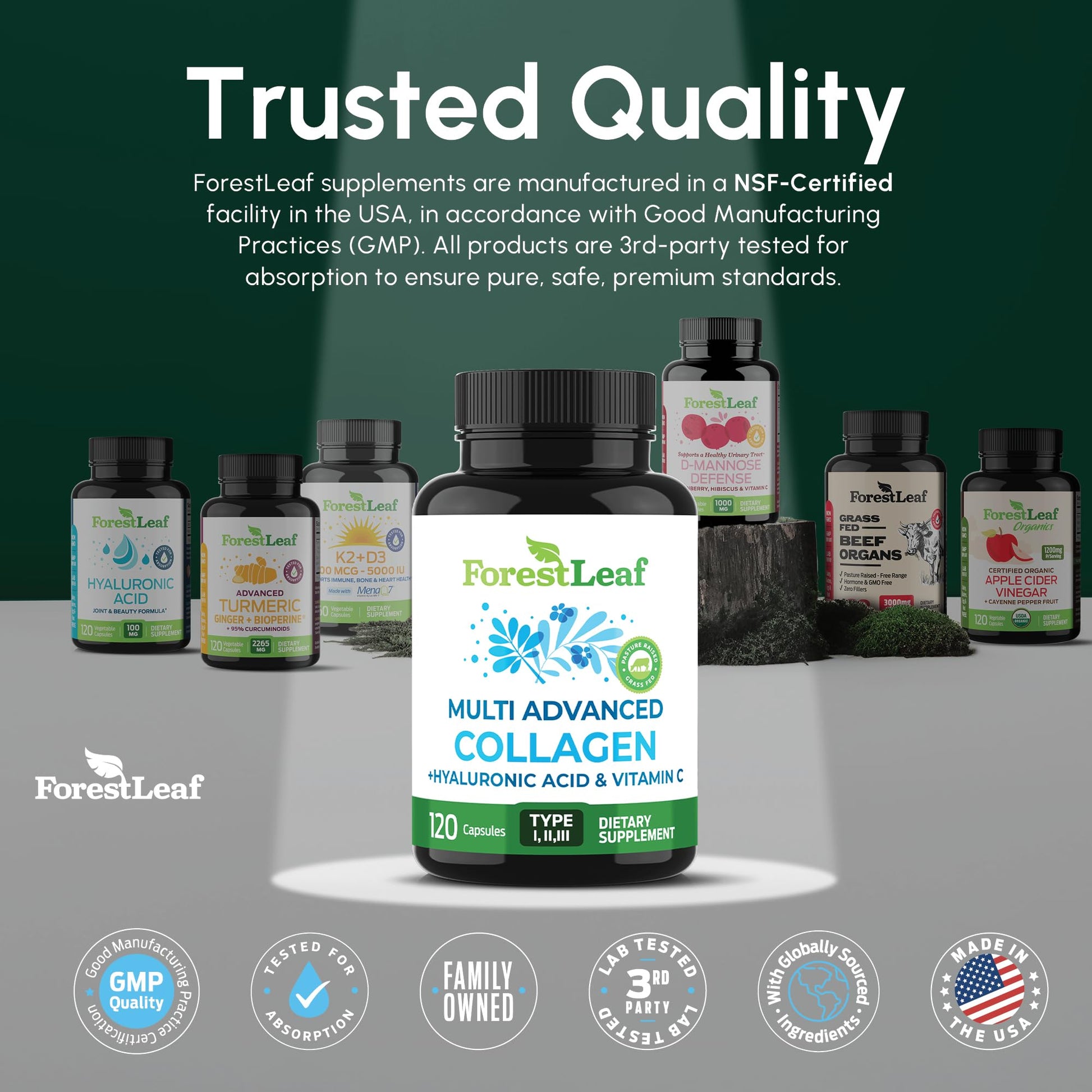 ForestLeaf Multi Collagen Pills with Hyaluronic Acid + Vitamin C | Hydrolyzed Collagen Supplements for Women or Men | Multi Collagen Capsules Peptides for Skin, Wrinkles, 240 ForestLeaf buy supplements Au