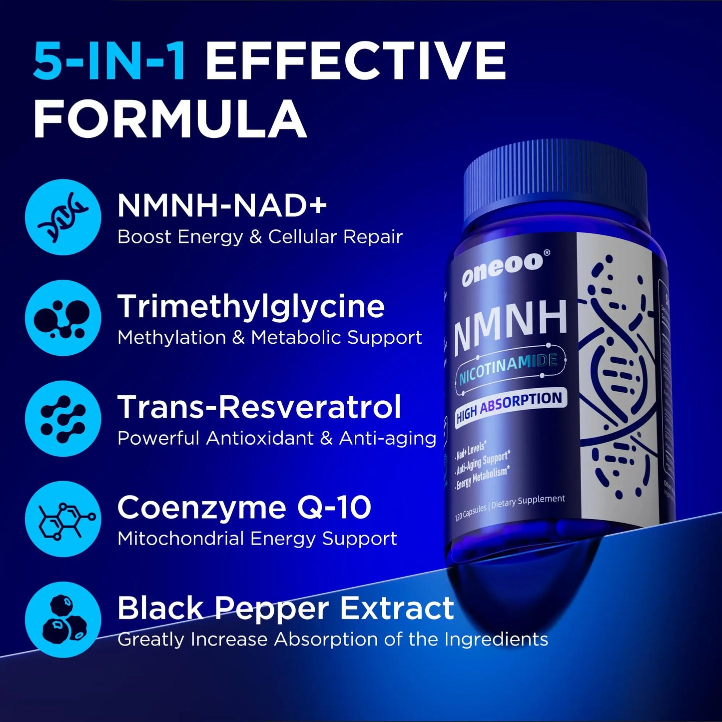 Oneoo NMNH Supplement with NAD Supplement Maximum Potency with Resveratrol & Pterostilbene, CoQ10 & Black Pepper, for Cellular Energy, Anti-Aging Support, Sirtuin Activation & Methylation Support, 120 OneooBuy Supplements Australia