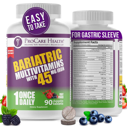Procare Health Bariatric Multivitamin with Iron 45mg Chewable (90 Tablets) - Fruit Punch Flavor Bariatric Multivitamin Chewable Pills for Gastric Bypass ProCare HealthBuy Supplements Australia