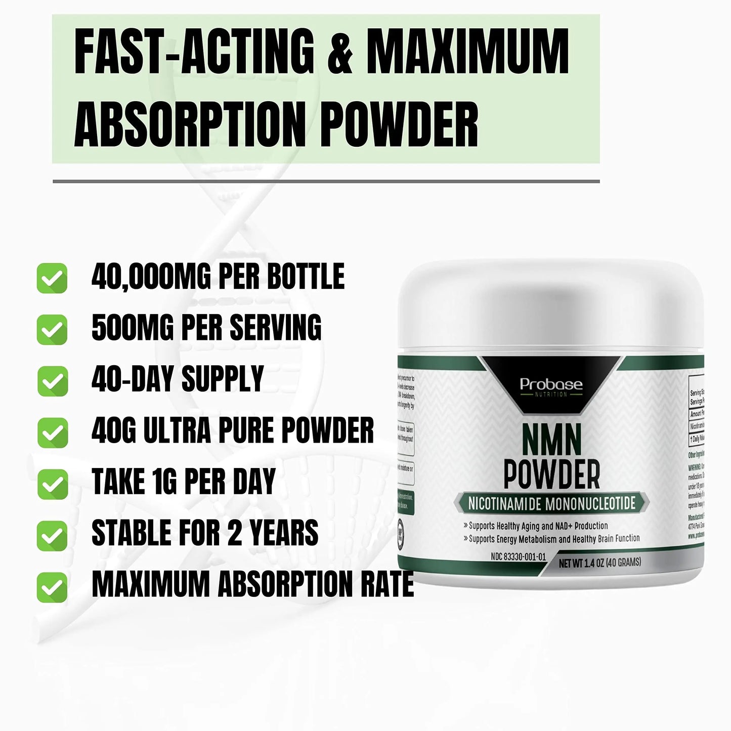 Probase Nutrition Longevity Pure NMN Powder 40 Grams - Ultra-Pure, Fully Stabilized, Pharmaceutical Grade NMN to Boost NAD+, Nicotinamide Mononucleotide Powder Supplement Probase NutritionBuy Supplements Australia