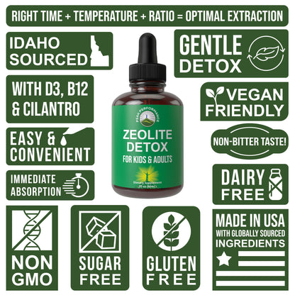 Zeolite Detox for Kids & Adults with Cilantro. Volcanic Mineral from Idaho USA. Zeolite Clinoptilolite Liquid Drops Gentle Cleanse Supplement with Vitamins B12 & D. Support Focus, Energy, Gut, Speech Peak PerformanceBuy Supplements Australia