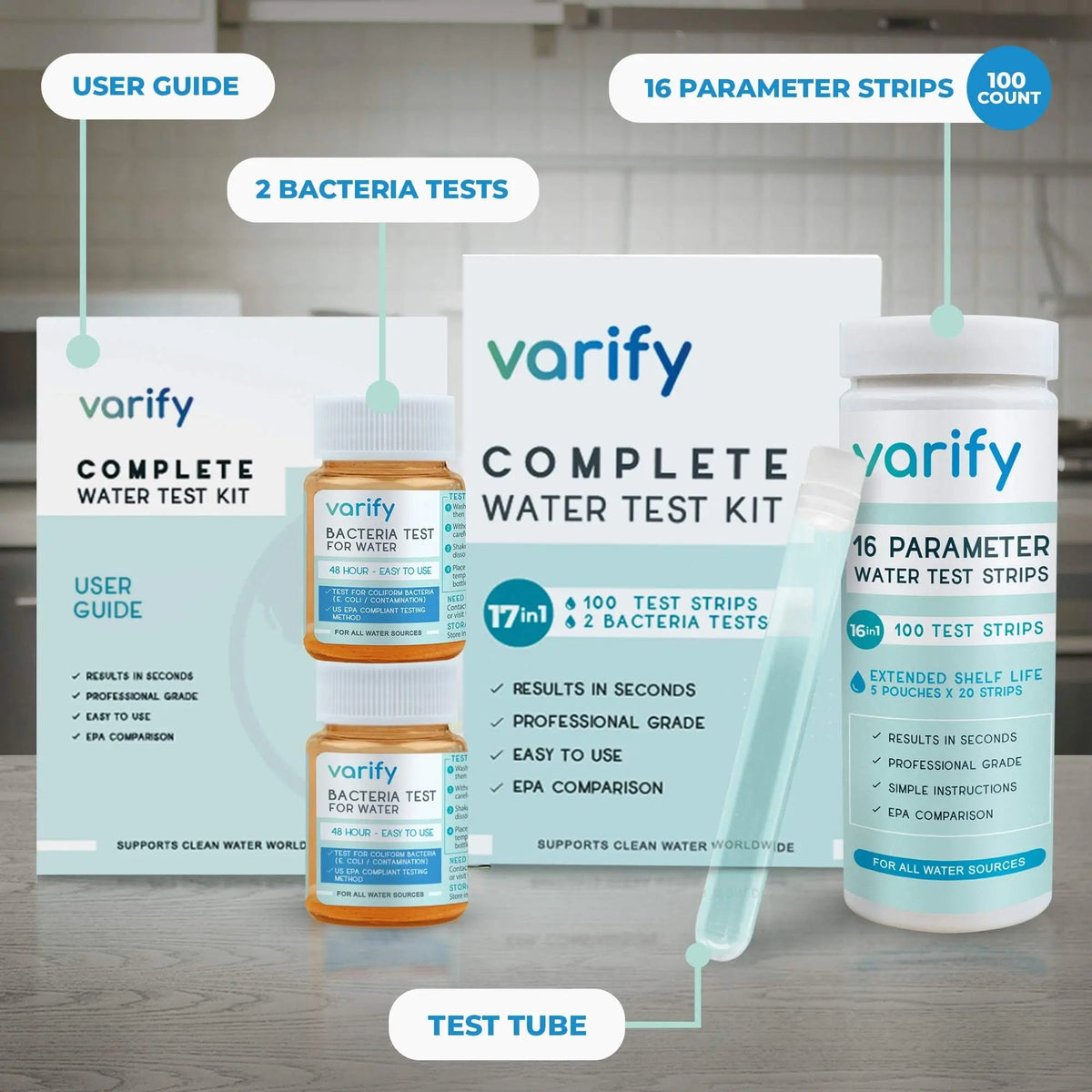 Varify 17in1 Complete Drinking Water Test Kit - 100 Strips + 2 Bacteria Tester Kits - Well, Tap, Home, City Water Testing Strip for Lead, Alkaline, Chlorine, Hardness, Iron, Fluoride, Copper & More VARIFYBuy Supplements Australia