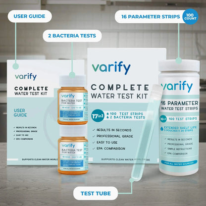 Varify 17in1 Complete Drinking Water Test Kit - 100 Strips + 2 Bacteria Tester Kits - Well, Tap, Home, City Water Testing Strip for Lead, Alkaline, Chlorine, Hardness, Iron, Fluoride, Copper & More VARIFYBuy Supplements Australia