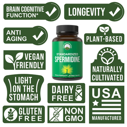 Spermidine Supplement Ultra High Strength Standardized to 99% Spermidine Trihydrochloride. More Potent Than Wheat Germ Extract. Vegan Capsules for Healthy Aging, Longevity. USA Tested Supplements Peak PerformanceBuy Supplements Australia