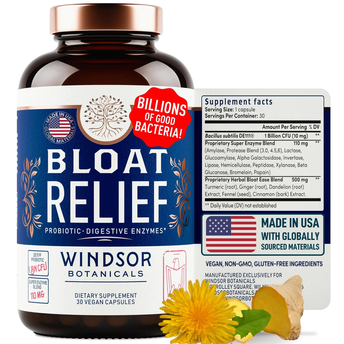Bloat Relief Probiotic and Digestive Enzymes - Anti Bloating Turmeric, Fennel, Bromelain IBS Supplement - Detox Debloat Capsules Gas - Bloating Relief for Women and Men - 30 Gut Health Pills WINDSOR BOTANICALSBuy Supplements Australia