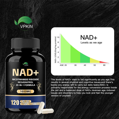 VPKIN NAD Supplement,1500mg NAD+ Supplement with Resveratrol,Nicotinamide,Quercetin,CoQ10,Support Energy & Repair, Vitality,Non-GMO, No Fillers(120 Capsules) VPKINBuy Supplements Australia