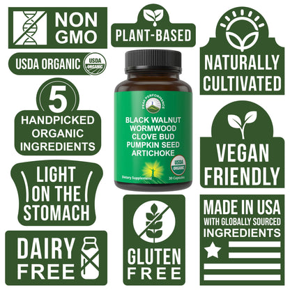 USDA Organic Wormwood Black Walnut Clove Cleanse for Humans. Elimination Detox + Intestinal Support Capsules Supplement for Adults and Kids. Pills with Artichoke and Pumpkin Seed for Added Benefits Peak PerformanceBuy Supplements Australia
