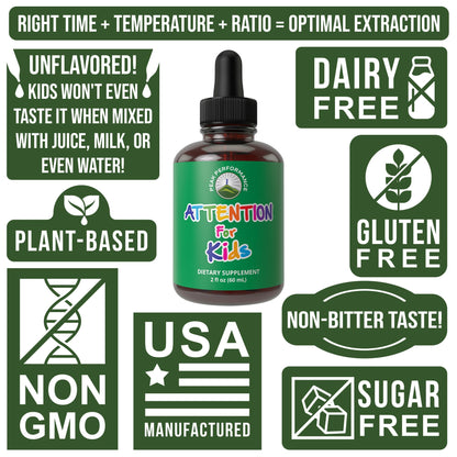 Kids Focus Drops. Attention Deficit Liquid Supplement for Concentration, Attention, Brain, Memory. No Bitter Taste. Natural Non-Habit Forming Sugar Free 7-in-1 Vegan Nootropic for Children, Teenagers Peak PerformanceBuy Supplements Australia