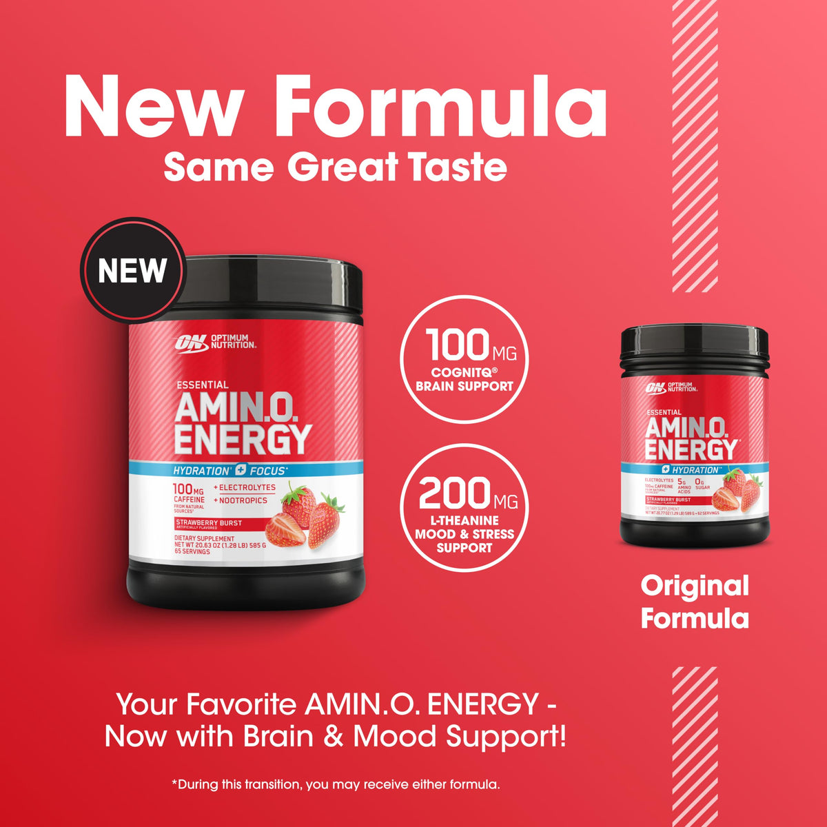 Optimum Nutrition Amino Energy Powder Plus Focus, with BCAA, Electrolytes, and Caffeine, Strawberry Burst, 65 Servings Optimum NutritionBuy Supplements Australia