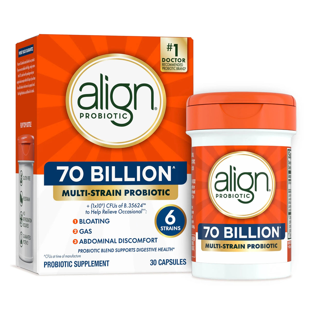 Align Probiotic, 70 Billion CFU, 6 Strain Blend, Probiotics for Women and Men, Daily Probiotics for Digestive Health, Helps Relieve Occasional Bloating & Gas 30 Capsules AlignBuy Supplements Australia
