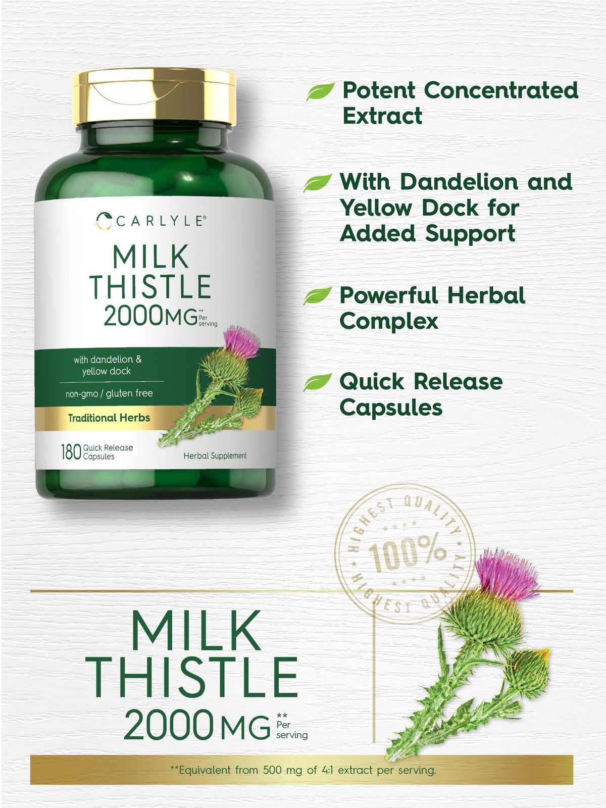 Carlyle Milk Thistle 2000mg | 180 Capsules | with Dandelion & Yellow Dock | Non-GMO CarlyleBuy Supplements Australia
