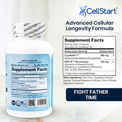 CellStart NAD+ Resveratrol Supplement 60 Capsules of 500mg | Anti Aging & Cellular Support Supplements for Women & Men - NAD Supplement Made in USA, (1-Month Supply) CellStartBuy Supplements Australia