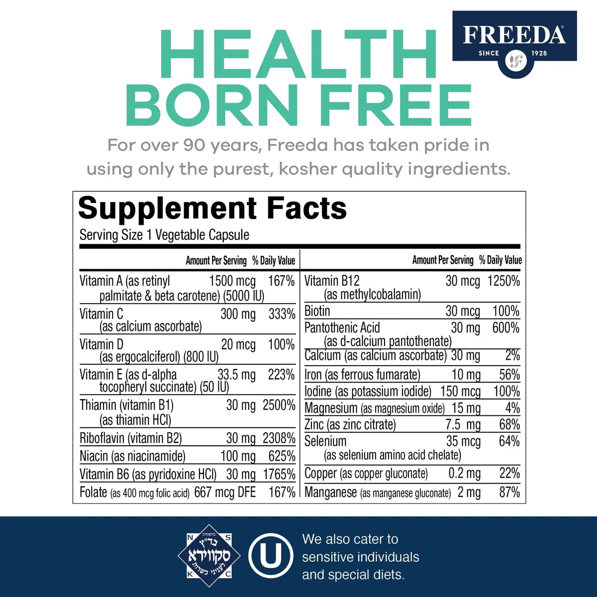FREEDA Multivitamin One Daily – Quintabs-M with Iron – Kosher Multi Vitamins Supplements for Women Health - Multivitamins for Women & Iron FREEDA
