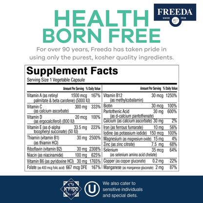 FREEDA Multivitamin One Daily – Quintabs-M with Iron – Kosher Multi Vitamins Supplements for Women Health - Multivitamins for Women & Iron FREEDA